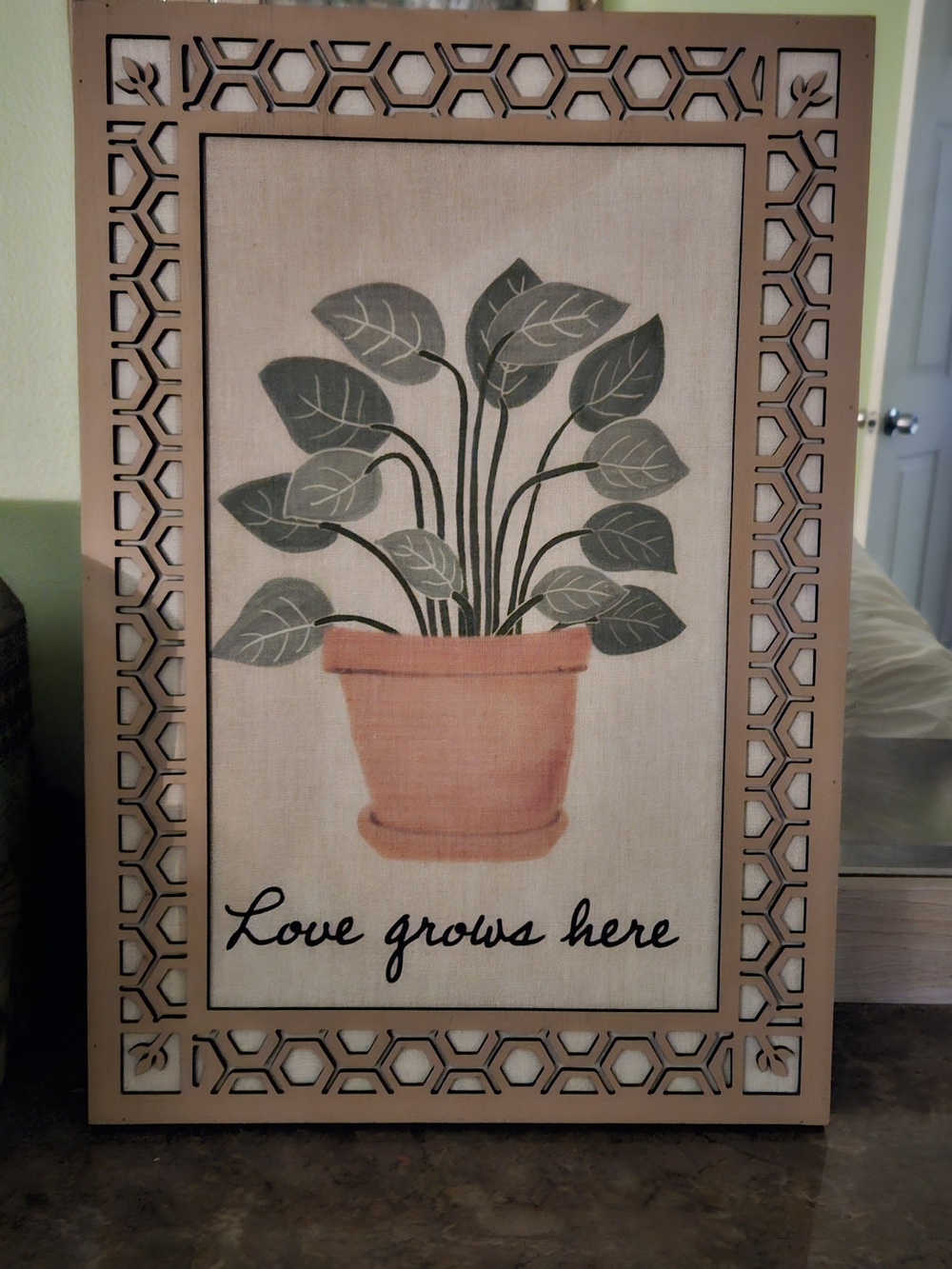 Love Grows Here Potted Plant Wall Art - Beige Frame